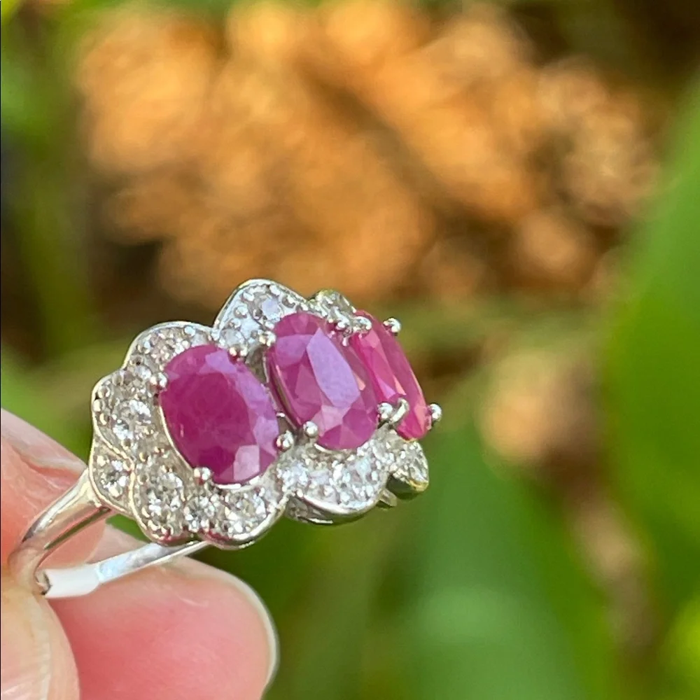 NWT Natural Ruby 3 stone (7X5mm each) Ring w/ CZ accents in 925 Silver Size 6.5